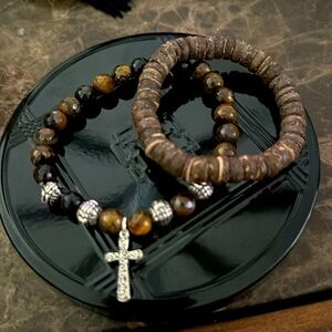 Pair of bracelets tiger eye beads faceted coconut  beads stretchy small cross